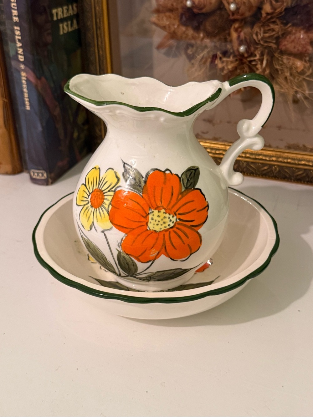 Hand-Painted Floral Ceramic Pitcher and Bowl Set - Orange & Yellow